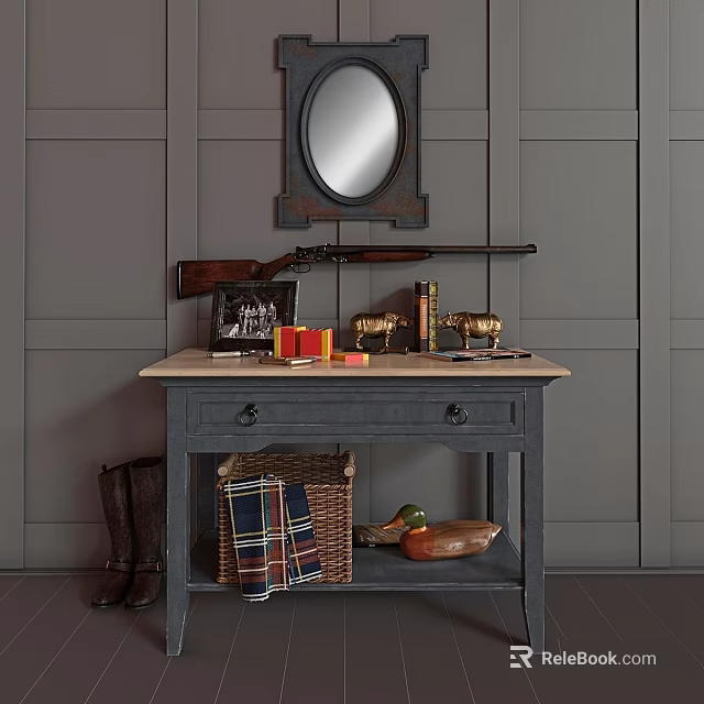 Rustic Dining Table With Round Mirror Shotgun Books Trophies Boots And Fruits On Gray Walls 3d model 