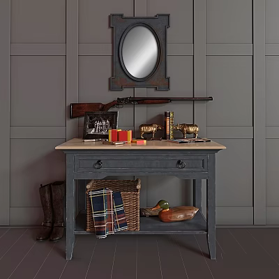 Rustic Dining Table With Round Mirror Shotgun Books Trophies Boots And Fruits On Gray Walls 3d model