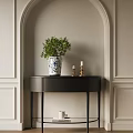 Stylish Entryway Side Cabinet With Blue White Vase Green Plant And Gold Candle Holders
