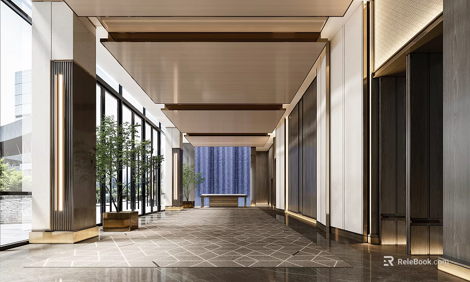 Modern Luxury Reception Lobby Design With Large Floor To Ceiling Windows And Elegant Interior Decoration 3d model 
