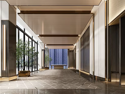 Modern Luxury Reception Lobby Design With Large Floor To Ceiling Windows And Elegant Interior Decoration 3d model