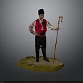 Traditional Folk Costume Figurine Wearing Black Hat Holding Wooden Cane Standing On Green Base
