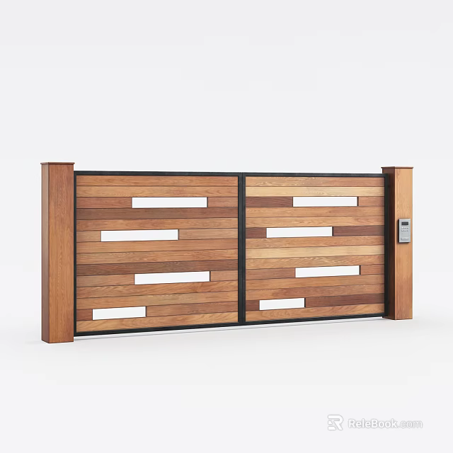 Wooden Double Gate With Horizontal Slats And White Rectangular Cutouts Metal Frame Access Control Panel 3d model