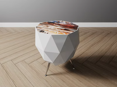 Geometric Modern Side Table With White Frame Metal Legs And Patterned Marble Top 3d model