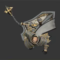 Armored Warrior Character In Blue Gold Armor With Golden Star Weapon And Creature Winged Base