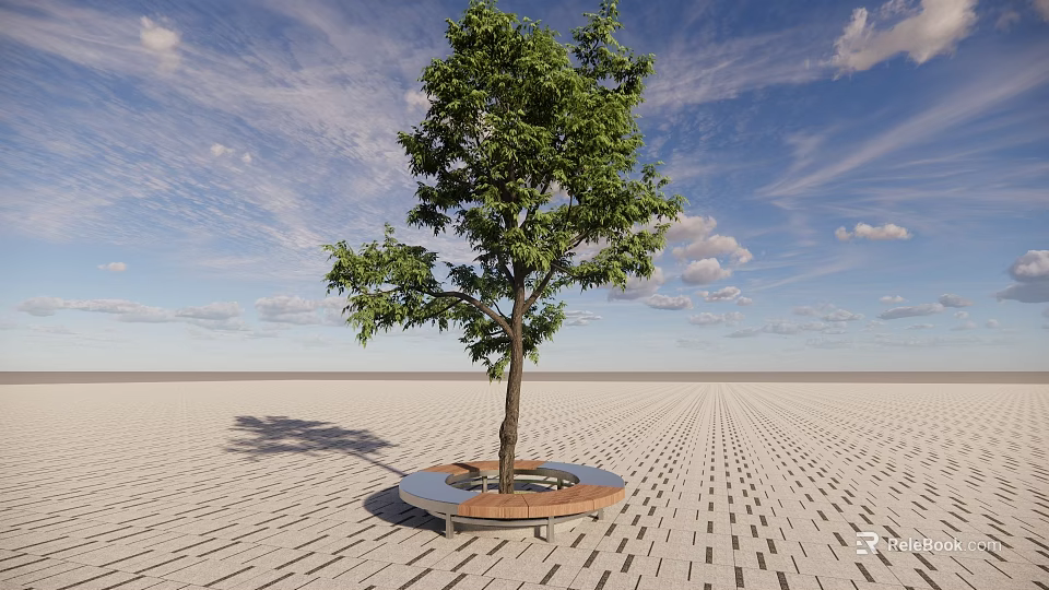 Garden Decorative Feature With Large Tree And Circular Platform On Brick Paved Ground 3d model