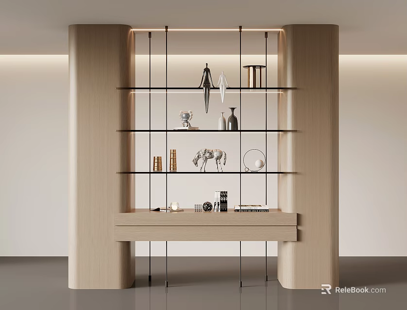 Modern Wooden Bookcase Design With Open Shelves Books And Decorative Items 3d model 
