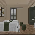 SPA Sauna Interior with Massage Beds Green Towels Wooden Flooring Wall Art Plants and Washbasin
