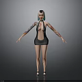 3D Female Character With Double Colored Hair Arm Tattoos Black Sleeveless Dress Open Arms Pose