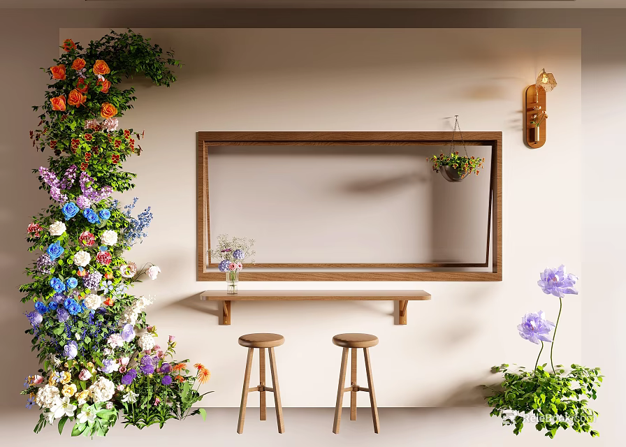 Floral Display With Colorful Flowers Green Plants Wooden Mirror Console Table Stools And Wall Lamp 3d model 
