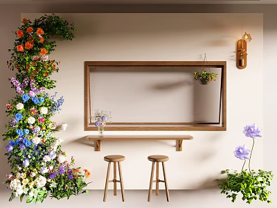 Floral Display With Colorful Flowers Green Plants Wooden Mirror Console Table Stools And Wall Lamp 3d model