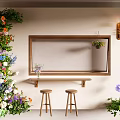 Floral Display With Colorful Flowers Green Plants Wooden Mirror Console Table Stools And Wall Lamp
