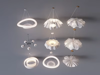 Modern Chandeliers with Various Designs Including Circular and Petal Shaped White Fixtures 3d model