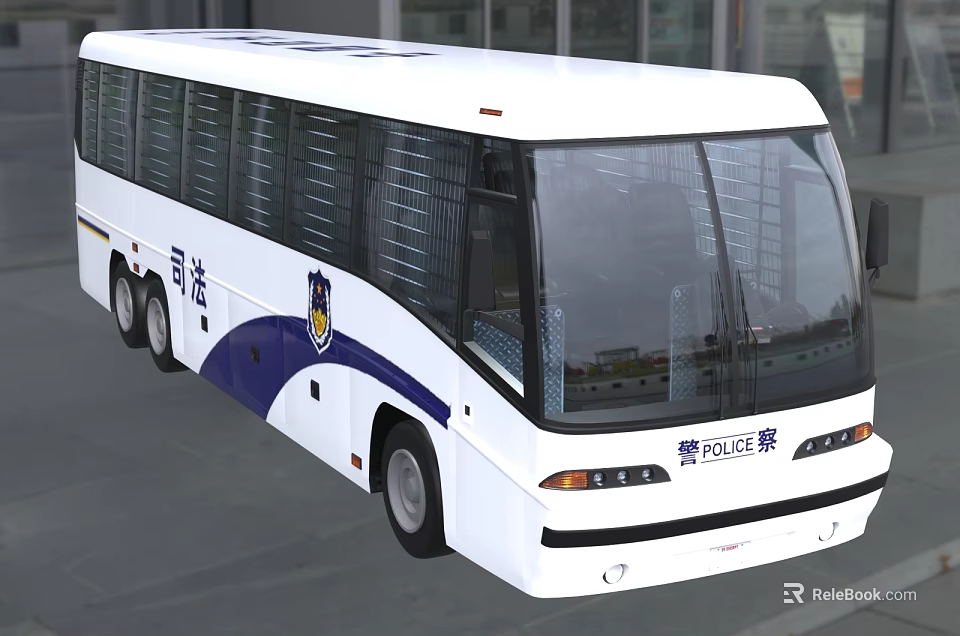 White and Blue Police Bus Exterior View With Official Logos Parked In Urban Area 3d model 