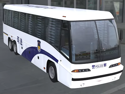 White and Blue Police Bus Exterior View With Official Logos Parked In Urban Area 3d model