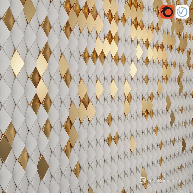 Modern Decorative Wall With White And Gold Diamond Pattern Design 3d model 