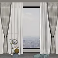 Light Gray Beige Sheer And Solid Curtains By Window With City View Indoor 3d model