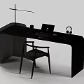 Curved Black Desk and Wooden Chair Set with Laptop Table Lamp Headphones and Mug