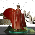 Elegant Traditional Chinese Female In Red Robe With Cranes Sun Clouds And Falling Petals