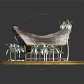 Cartoon Scene With Thatched Roof House Palm Trees Green Grass On Circular Platform