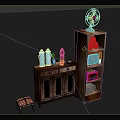 Vintage Wooden Furniture Set With Low Cabinet Tall Shelf Small Stool And Decorative Items