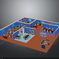 Indoor Restaurant Interior Design With Tables Chairs Counter Blue Walls And Red Floor