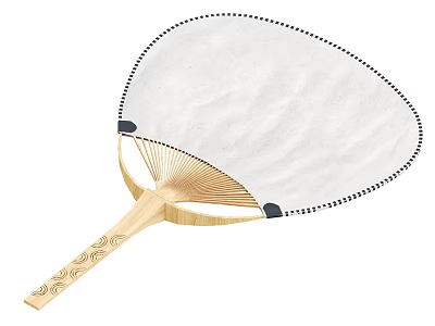 Traditional Hand Fan With White Surface Black Dotted Trim And Wooden Carved Handle 3d model