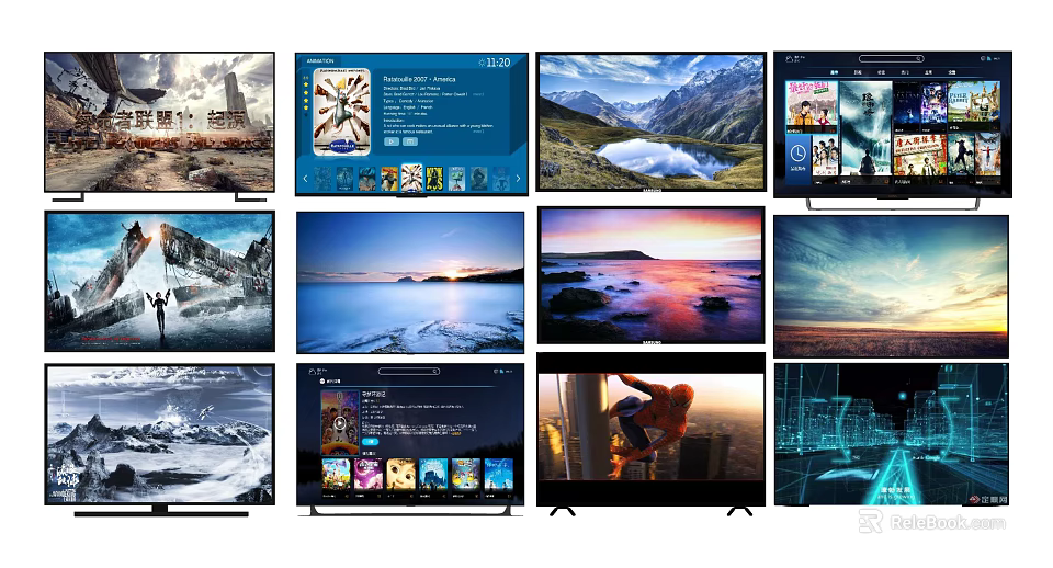 Television Screens Displaying Vivid Landscapes Mountain Ocean Sunset Movie Scenes And App Interfaces 3d model 