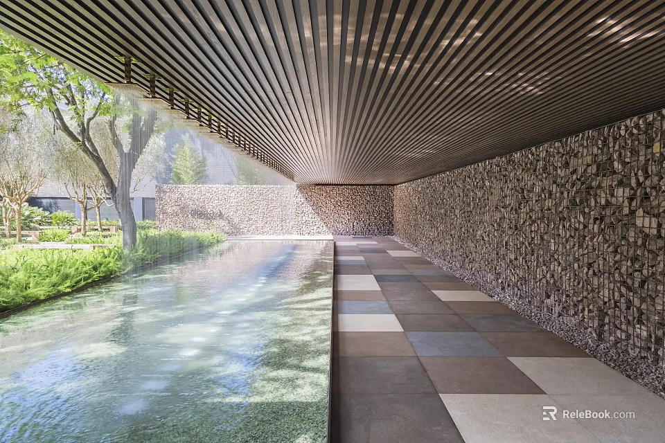 Tranquil Park Landscape With Stone Wall Reflecting Pool Wooden Pergola And Lush Greenery 3d model 
