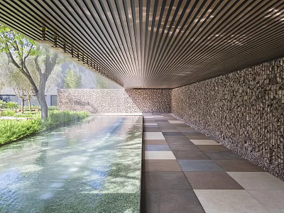 Tranquil Park Landscape With Stone Wall Reflecting Pool Wooden Pergola And Lush Greenery 3d model