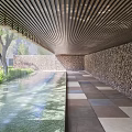 Tranquil Park Landscape With Stone Wall Reflecting Pool Wooden Pergola And Lush Greenery