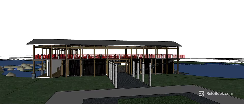 Park Landscape with Red Railings Wooden Structure White Pillars Gray Pavement Green Lawn and Water 3d model 
