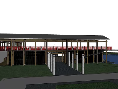 Park Landscape with Red Railings Wooden Structure White Pillars Gray Pavement Green Lawn and Water 3d model