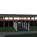 Park Landscape with Red Railings Wooden Structure White Pillars Gray Pavement Green Lawn and Water