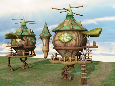 Cartoon Tree Houses with Green Roofs Wooden Spiral Stairs White Rabbits Under Blue Sky 3d model