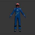 Racing Driver Wearing Blue Suit Red White Helmet Yellow Shoes And Blue Gloves Standing