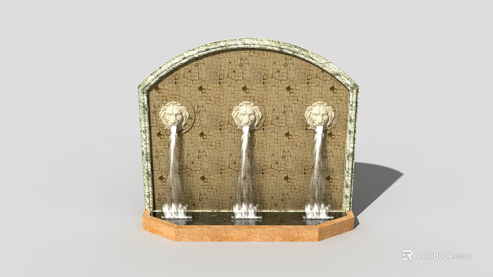 Ornate Stone Building Facade Featuring Three Water Fountains And Arched Top 3d model 
