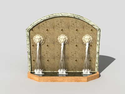 Ornate Stone Building Facade Featuring Three Water Fountains And Arched Top 3d model