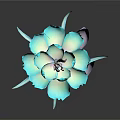 3D Rendered Plant With Blue Flower Slender Stem Pink Lines Purple Leaves Dark Background Reflection