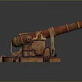 Vintage Historical Weapon Cannon With Red Barrel Wooden Base Ropes And Cannonballs