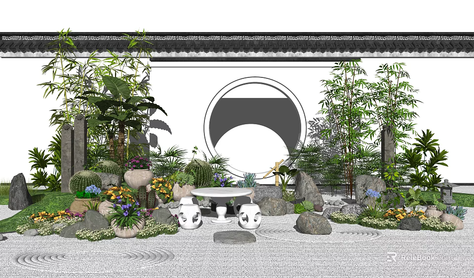 Traditional Courtyard Garden Design With Bamboo Plants Stone Decor Round Gate And Small Table 3d model 