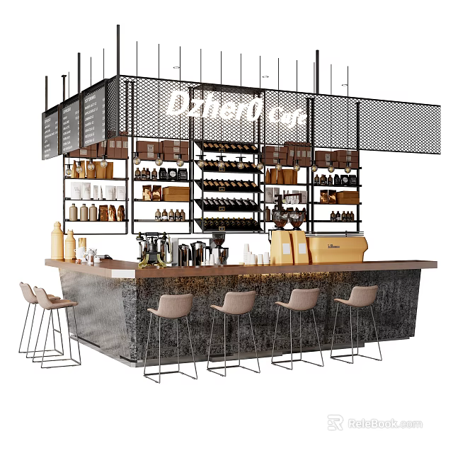 Dzheno Cafe Bar Counter With Stools And Shelves Holding Wines And Cups 3d model 