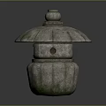Traditional Japanese Stone Lantern Featuring Mossy Surface Umbrella Shaped Top And Square Window