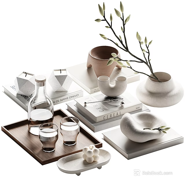 Modern Decorative Ornament Set With Ceramic Vase Tray Glass Cups Books And Twigs 3d model 