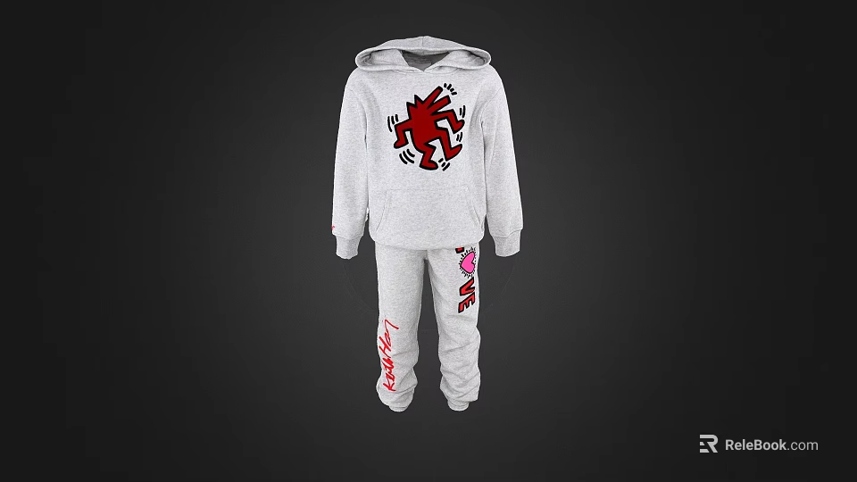 Gray Hoodie With Red Graphic Print And Gray Sweatpants Featuring Pink Love Happy Lettering 3d model 