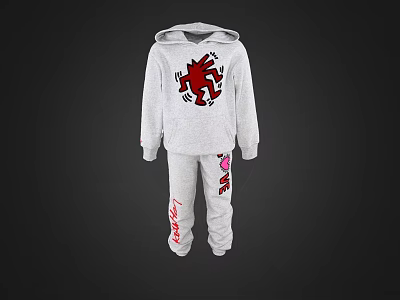 Gray Hoodie With Red Graphic Print And Gray Sweatpants Featuring Pink Love Happy Lettering 3d model