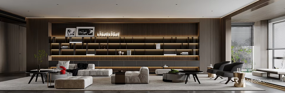 Elegant Modern Living Room Interior With Plush Sofa Wall Shelves And Ambient Lighting 3d model 