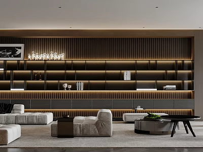 Elegant Modern Living Room Interior With Plush Sofa Wall Shelves And Ambient Lighting 3d model