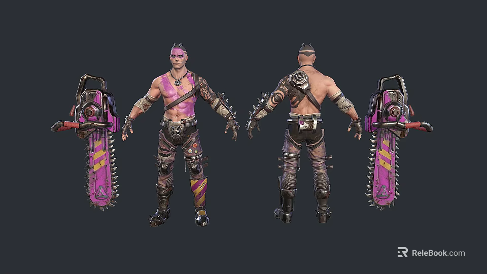 Muscular Man Character Model With Front And Back Views Pink Black Chainsaw Outfit 3d model 