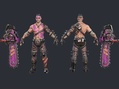 Muscular Man Character Model With Front And Back Views Pink Black Chainsaw Outfit 3d model